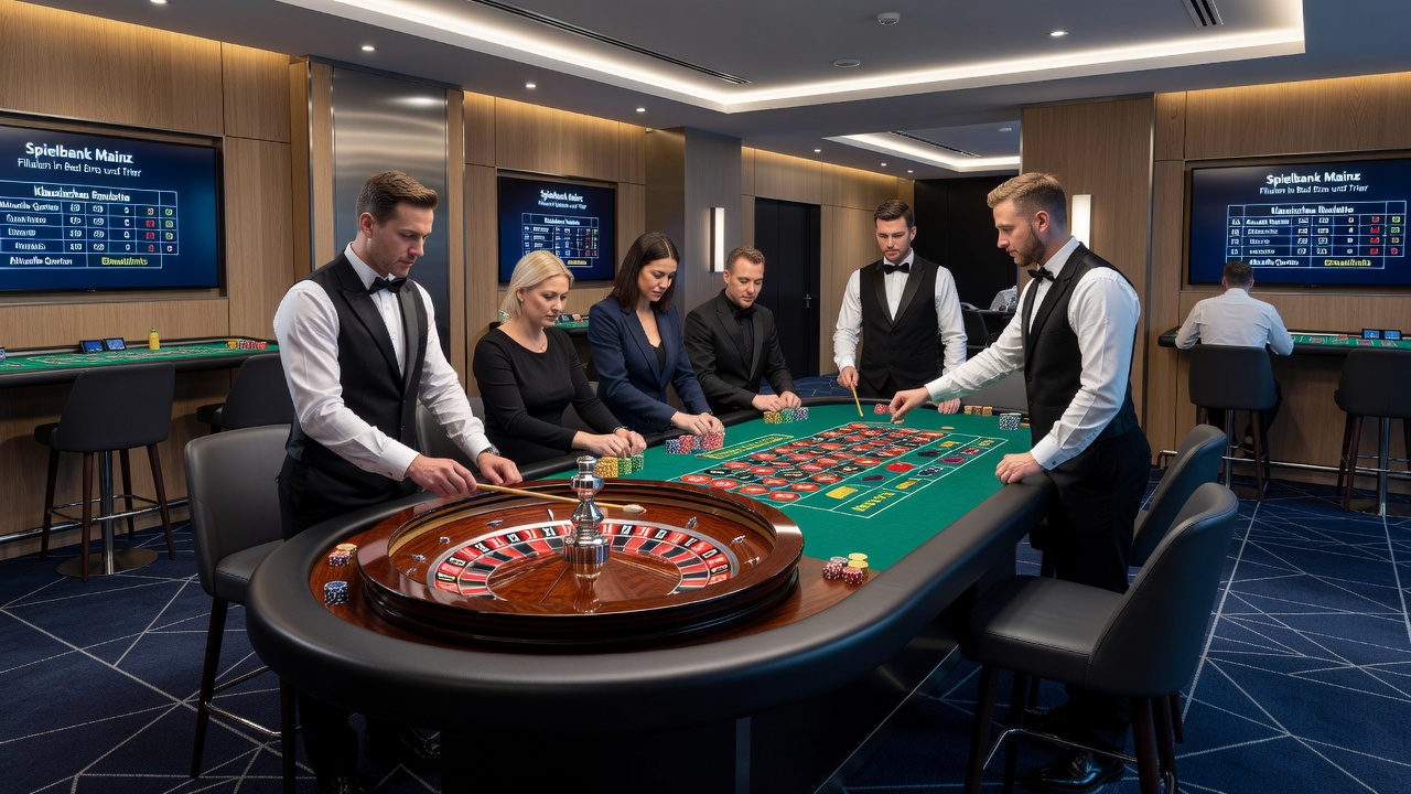 Detailaufnahme eines Roulette-Tisches in einer deutschen Spielbank mit Einsatzmarken und Überwachungselementen
